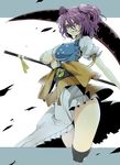  akishima_kei bad_id bad_pixiv_id breasts cleavage large_breasts legs licking_lips onozuka_komachi open_clothes open_shirt purple_hair red_eyes scythe shirt short_hair solo thighs tongue tongue_out touhou two_side_up underboob 