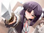  akata_itsuki blush drunk game_cg hime-sama_ririshiku! misara purple_eyes purple_hair school_uniform solo sword weapon 