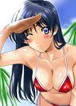  bad_id bad_pixiv_id bikini blue_eyes blue_hair blush breasts cleavage covered_nipples day kamia_(not_found) large_breasts long_hair navel one_eye_closed original shading_eyes side-tie_bikini smile solo swimsuit yukino_sayuri 