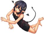  barefoot blue_hair brown_eyes camisole demon_girl demon_tail detached_wings feet hands horns lying on_stomach open_mouth original pointy_ears short_hair shouhei simple_background solo tail white_background wings 