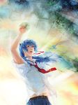  belt blue_hair highres jane_mere long_hair macross macross_frontier male_focus necktie realistic saotome_alto solo space star 