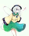  eighth_note green_eyes hat komeiji_koishi legs looking_down messy_hair musical_note oouso outstretched_arms simple_background smile solo spoken_musical_note spread_arms standing third_eye touhou white_hair 
