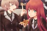  :t blue_eyes eating face food green_eyes hands holding_pizza long_hair looking_at_viewer lulu_(shoutarou) multiple_girls original pizza pointing red_hair school_uniform short_hair sitting tokunou_shoutarou 