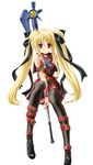  bardiche blonde_hair blush fate_testarossa full_body hair_ribbon long_hair looking_at_viewer lyrical_nanoha mahou_shoujo_lyrical_nanoha red_eyes ribbon rod sidelocks simple_background sitting solo staff thighhighs tnonizyou wand white_background 