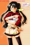  apron black_legwear brown_hair cooking fate/stay_night fate_(series) green_eyes long_hair mouth_hold non-web_source skirt sleeves_pushed_up solo spatula thighhighs toosaka_rin zettai_ryouiki 