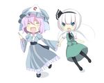  banned_artist chibi closed_eyes dango food green_eyes hairband happy harano hat hitodama holding_hands konpaku_youmu konpaku_youmu_(ghost) multiple_girls pantyhose pink_hair saigyouji_yuyuko sanshoku_dango silver_hair touhou wagashi 