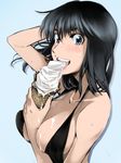  arm_up between_breasts bikini black_hair breasts cosaten eating food ice_cream school_rumble short_hair smile solo suou_mikoto swimsuit 