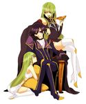  2girls bad_id bad_pixiv_id boots brown_eyes c.c. cheese-kun code_geass crossed_legs detached_sleeves dual_persona eating food green_hair high_heels highres holding_pizza kneeling lelouch_lamperouge long_hair multiple_girls pizza pizza_hut purple_eyes shoes sitting thigh_boots thighhighs throne time_paradox todoroki_sora 