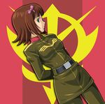  amami_haruka belt brown_eyes brown_hair cosplay flag green_eyes gundam idolmaster idolmaster_(classic) idolmaster_1 military military_uniform muhi11234 pantyhose short_hair skirt solo uniform zeon 