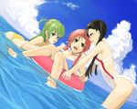  afloat aika_granzchesta alice_carroll aria barefoot bent_over bikini black_hair blue_eyes blush breasts cloud day dutch_angle feet green_eyes green_hair happy innertube kuroko_(piii) long_hair medium_breasts mizunashi_akari multiple_girls ocean one-piece_swimsuit open_mouth outdoors parted_lips partially_submerged pink_hair profile ribbon sky swimsuit toes twintails wading water 