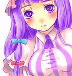  bangs blue_bow blunt_bangs bow breasts collar hair_bow looking_at_viewer medium_breasts multi-tied_hair patchouli_knowledge purple_eyes purple_hair red_bow simple_background solo takanashi_minato touhou white_background 