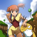  alternate_costume bird cloud day duck gen_1_pokemon kakkii kasumi_(pokemon) orange_hair outdoors pokemon pokemon_(anime) pokemon_(creature) pokemon_ag psyduck side_ponytail tree white_beak 