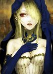  bad_id bad_pixiv_id blonde_hair breasts cleavage copyright_request elbow_gloves fangs gloves hair_over_one_eye kunimura_hakushi large_breasts long_hair pale_skin pointy_ears red_eyes solo vampire 