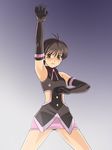  antenna_hair black_hair brown_eyes cute_&amp;_girly_(idolmaster) elbow_gloves gloves gradient gradient_background henshin idolmaster idolmaster_(classic) idolmaster_1 kamen_rider kamen_rider_black_rx kamen_rider_black_rx_(series) kikuchi_makoto muhi11234 panties pantyshot parody pose skirt solo underwear 