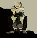  blonde_hair chair cigarette dr_franken_stein grey_background long_sleeves male_focus multicolored_hair non-web_source simple_background sitting sitting_backwards smoking solo soul_eater streaked_hair white_hair 