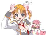  apricot_sakuraba between_breasts black_eyes breasts cleavage galaxy_angel galaxy_angel_rune large_breasts long_hair milfeulle_sakuraba multiple_girls non-web_source normad oekaki orange_hair pink_hair salute short_twintails stuffed_animal stuffed_toy translated twintails uniform 