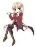  asmodeus blonde_hair necktie pink_neckwear red_eyes ringo_komachi sitting solo stakes_of_purgatory thighhighs twintails umineko_no_naku_koro_ni weapon 