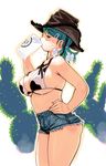  animal_print breasts cactus covered_nipples cow_print cowboy_hat cowboy_shot curvy denim denim_shorts drinking green_hair hair_ornament hairclip hand_on_hip hat highres holding large_breasts messy milk mole mole_under_eye mugen_no_fantasia outline ryoji_(nomura_ryouji) short_shorts shorts solo western 