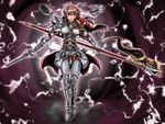  1girl armor brown_eyes brown_hair hildegard_von_krone lightning long_hair md5_mismatch polearm solo soulcalibur soulcalibur_iv sword weapon wolf 