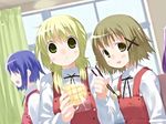  blush bread character_request chopsticks dutch_angle end_card food hidamari_sketch jpeg_artifacts melon_bread miyako multiple_girls open_mouth school_uniform window yasu yuno 