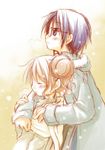  aoki_ume coat glasses hidamari_sketch hiro hug multiple_girls sae snow yuri 