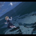  blonde_hair cloud dutch_angle field flying from_above highres landscape letterboxed lights moon night ribbon rumia scenery short_hair solo takuzui touhou village 