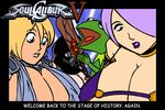  artist_request black_border border breasts cleavage copyright_name darth_vader english flat_color hair_over_one_eye huge_breasts isabella_valentine kermit_the_frog multiple_girls muppets parted_lips purple_hair purple_lips sophitia_alexandra soulcalibur source_request star_wars 