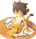  ambiguous_gender black_nose brown_hair crossed_legs cub ears_down feline floor fur hair looking_at_viewer lying mammal mumu no_nipples orange_eyes orange_fur plain_background sitting smile tiger toes underwear white_background young 