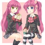  bad_id bad_pixiv_id blue_eyes bow brown_eyes drink food food_on_face futaki_kanata hamburger little_busters! long_hair multiple_girls pink_bow plaid plaid_skirt purple_hair saigusa_haruka satou_aoi school_uniform side_ponytail skirt striped striped_legwear thighhighs 