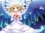  1boy bare_shoulders beatmania beatmania_iidx blonde_hair blush bouquet bride dress elbow_gloves feather feathers flower gloves highres jewelry kurokiri male male_focus multiple_wings necklace purple_eyes rche_(beatmania) ribbon rose short_hair smile solo star symbol-shaped_pupils trap veil wedding_dress wings 