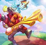  bandolier bongo_drums boots bubble cloud cloudy_sky cowboy_hat crossover day drum gas_mask gooloomy grin gun hat holding holding_gun holding_weapon infernal_orchestrina instrument male_focus multicolored_hair my_little_pony my_little_pony_friendship_is_magic pink_hair pinkie_pie pyroland rainblower rainbow_dash rainbow_hair red_eyes sky smile team_fortress_2 the_pyro weapon 