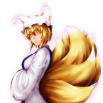  blonde_hair fox_tail hands_in_opposite_sleeves hat highres multiple_tails nikonikosiro short_hair simple_background smile solo tabard tail touhou white_background yakumo_ran yellow_eyes 