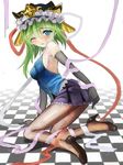  adapted_costume asymmetrical_hair black_gloves blue_eyes blush checkered checkered_floor elbow_gloves gloves green_hair hat high_heels kneeling one_eye_closed open_mouth pantyhose ribbon shiki_eiki shoes short_hair skirt sleeveless solo touhou urabe_michiru 