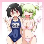  alternate_hairstyle behoimi bikini black_hair blonde_hair closed_eyes gloves goriate long_hair media one-piece_swimsuit pani_poni_dash! red_eyes school_swimsuit short_hair swimsuit twintails two_side_up v 
