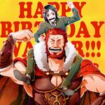  armor bad_id bad_pixiv_id bangs beard birthday black_eyes black_hair bob_cut carrying cicca facial_hair fate/zero fate_(series) male_focus multiple_boys parted_bangs red_eyes red_hair rider_(fate/zero) shoulder_carry vambraces 