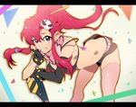  alternate_eye_color bent_over bikini_top butt_crack chin_rest fingerless_gloves gloves gun hair_ornament long_hair pink_legwear ponytail red_eyes red_hair rifle scarf short_shorts shorts skull_hair_ornament smile solo strap_slip studded_bracelet tengen_toppa_gurren_lagann thighhighs weapon yeonji yoko_littner 