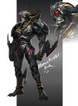  1boy antennae arm_blade armor belt biometal black_skin clenched_hands closed_mouth colored_skin compound_eyes full_body highres kamen_rider kamen_rider_black kamen_rider_black_(series) kingstone male_focus rcj red_eyes rider_belt solo standing tokusatsu weapon 