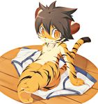  abstract_background ambiguous_gender black_nose brown_hair crossed_legs cub ears_down feline floor hair looking_at_viewer lying mumu no_nipples orange_eyes orange_fur plain_background sitting smile tiger toes underwear white_background young 