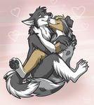  &lt;3 ambiguous_gender anthro australian_shepherd canine claws couple duo hair hindpaw hug keihound licking love male mammal mastery_position nude paws plain_background romantic smile soles toes tongue 