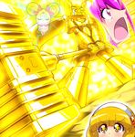  blonde_hair blush bow candy_(smile_precure!) cure_happy goldion_hammer hairband hammer happy_robo hoshizora_miyuki hrgm kise_yayoi mecha multiple_girls open_mouth parody pink_bow pink_eyes pink_hair precure short_hair smile_precure! sunrise_stance white_hairband yuusha_ou_gaogaigar yuusha_series 