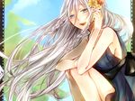  :d bare_legs blue_eyes blue_sky braid breasts day floating_hair flower ia_(vocaloid) knees_up long_hair looking_at_viewer medium_breasts open_mouth outdoors sideboob sky smile solo twin_braids very_long_hair vocaloid white_hair wind 