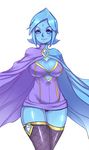  alternate_breast_size alternate_legwear blue_eyes blue_hair blue_skin breasts cape cleavage covered_nipples dress facial_mark fi forehead_mark highres large_breasts maniacpaint no_arms out_of_character short_dress short_hair smile solo the_legend_of_zelda the_legend_of_zelda:_skyward_sword thighhighs 