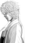  gintama greyscale headband japanese_clothes joui kiichi_(9ta) male_focus monochrome sakata_gintoki solo wavy_hair 