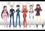  4girls akise_aru amano_yukiteru ayanami_rei ayanami_rei_(cosplay) bad_id bad_pixiv_id bodysuit cosplay eyepatch gasai_yuno highres hino_hinata ikari_shinji ikari_shinji_(cosplay) kasugano_tsubaki katsuragi_misato katsuragi_misato_(cosplay) makinami_mari_illustrious makinami_mari_illustrious_(cosplay) mirai_nikki multiple_boys multiple_girls nagisa_kaworu nagisa_kaworu_(cosplay) neon_genesis_evangelion nishinomiya_saku pink_bodysuit plugsuit rebuild_of_evangelion souryuu_asuka_langley souryuu_asuka_langley_(cosplay) standing translated uryuu_minene white_bodysuit 