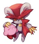 :o bell blush blush_stickers cape chiimako claws closed_eyes closed_mouth collared_cape commentary_request daroach hand_on_another&#039;s_head hat jingle_bell kirby kirby_(series) looking_at_viewer neck_bell no_humans open_mouth popped_collar red_cape red_hat simple_background smile top_hat white_background yellow_eyes 