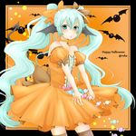  aqua_hair artist_name bad_id bad_pixiv_id bat bat_wings candy choker dress food green_eyes halloween happy_halloween hatsune_miku head_wings highres long_hair looking_at_viewer ruka0811r solo striped striped_legwear thighhighs twintails very_long_hair vocaloid wings 