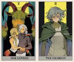  1boy 1girl angry black_eyes blonde_hair braided_ponytail_lamia_(dungeon_meshi) cloak closed_eyes closed_mouth curtains dungeon_meshi elf english_commentary furrowed_brow goat goat_(dungeon_meshi) gorget green_cloak grey_eyes grey_hair high_collar holding_hands hood hood_down hooded_cloak kadeart long_hair long_sleeves looking_at_another looking_at_viewer medium_hair mithrun pointy_ears shirt signature sleeveless sleeveless_shirt smile standing tarot tarot_(medium) the_chariot_(tarot) the_lovers_(tarot) tunic uneven_eyes upper_body white_hair 