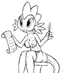  black_and_white breasts clothed clothing crossgender dragon feather female friendship_is_magic half-dressed monochrome my_little_pony nipples paper plain_background quill scalie scroll sitting sketch smile solo spike_(mlp) tg-0 topless underwear white_background young 