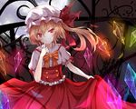 asymmetrical_hair berukko blonde_hair bow bowtie buttons dress fang finger_to_face flandre_scarlet full_moon grin hair_between_eyes hat light_trail long_hair mob_cap moon orange_bow puffy_short_sleeves puffy_sleeves red_dress red_eyes red_ribbon ribbon short_sleeves side_ponytail skirt_hold slit_pupils smile smirk solo touhou wings 