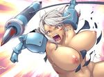  angry armor blood breasts hakai_shin hammer hammerhead_sister huge_breasts long_hair nipples open_mouth purple_eyes queen's_axe ringlets shouting solo spike sweat torn_clothes unaligned_breasts warhammer weapon white_hair yurivu_hammerhead 